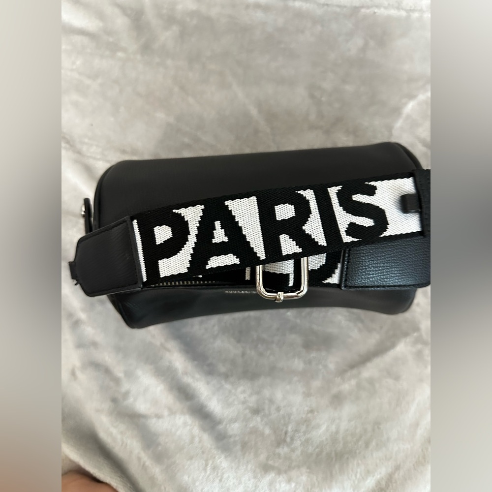 Karl Lagerfeld Paris Black Pebbled Barrel Crossbody Bag with Logo Guitar Strap - Picture 7 of 13